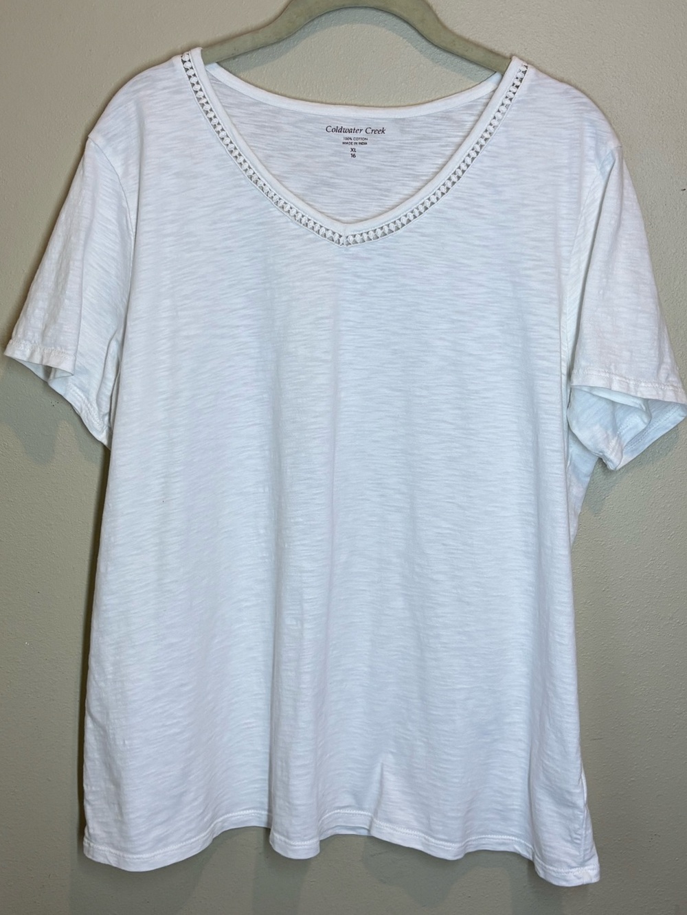 Coldwater Creek White V-Neck Tee with Decorative Trim, 100% cotton